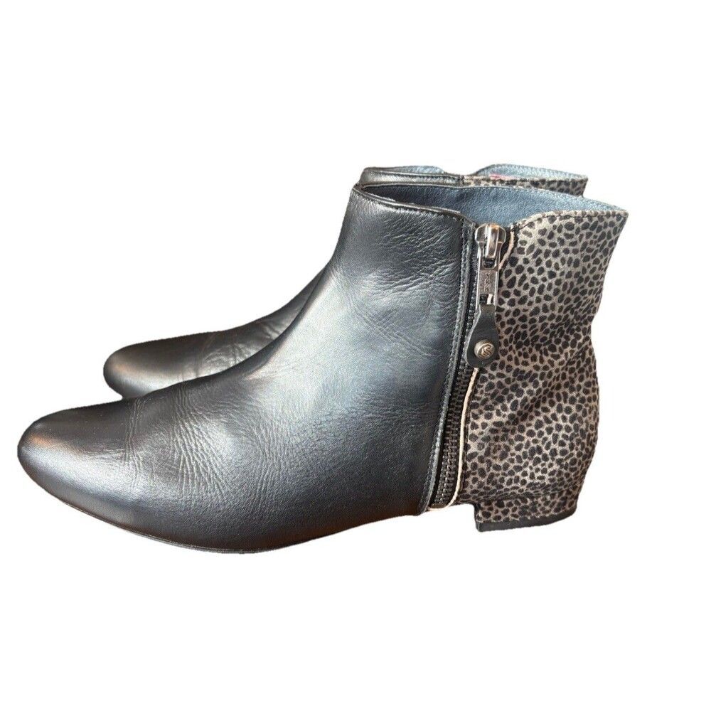 Sabrinas Spain Black Leather Ankle Boots Animal Print Leopard Size 38/7.5